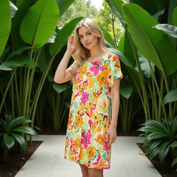 MSK Womens Pullover Stretch Ivory Multi Floral Print Short Sleeve Dress Sz L NWT - Picture 1 of 13